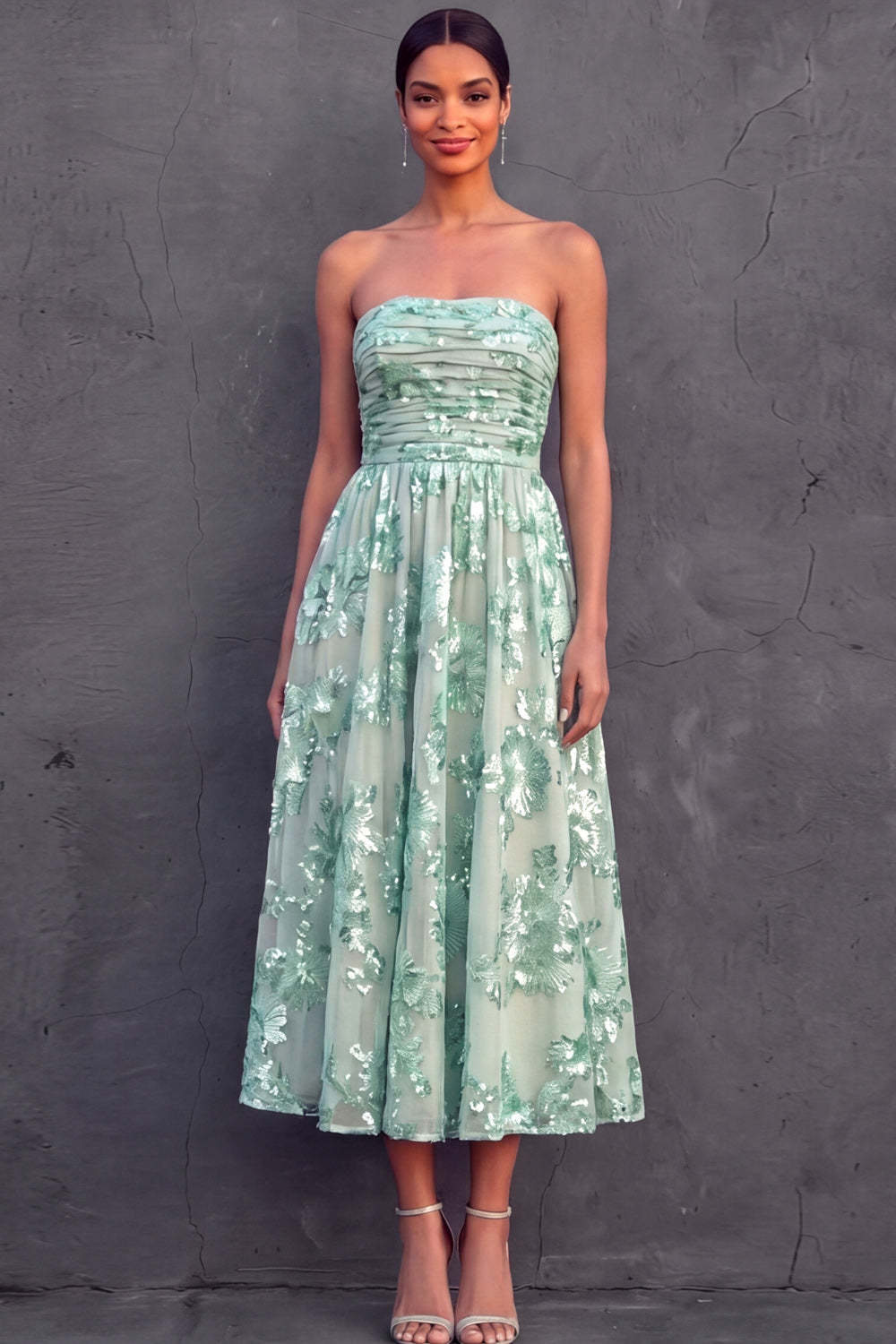 Leely Women Mint Green A Line Midi Wedding Guest Dress Strapless Ruched Embroidered Bridesmaid Dress