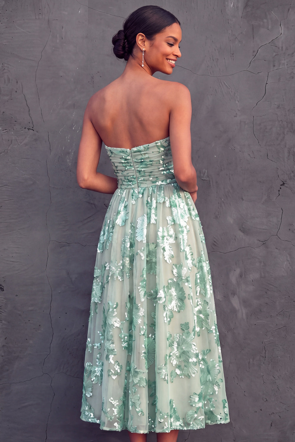 Mint Green A Line Midi Strapless Embroidered Wedding Guest Dress