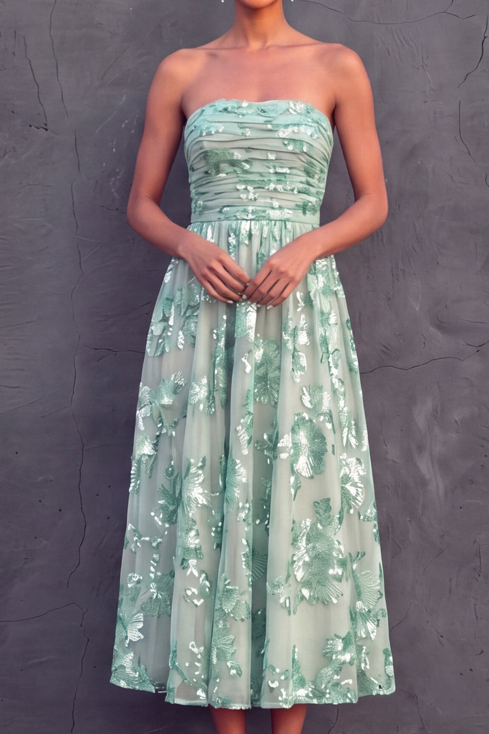 Mint Green A Line Midi Strapless Embroidered Wedding Guest Dress