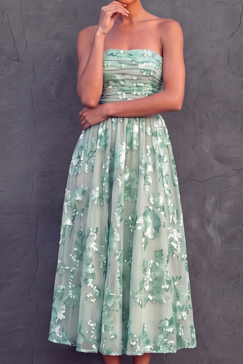 Mint Green A Line Midi Strapless Embroidered Wedding Guest Dress