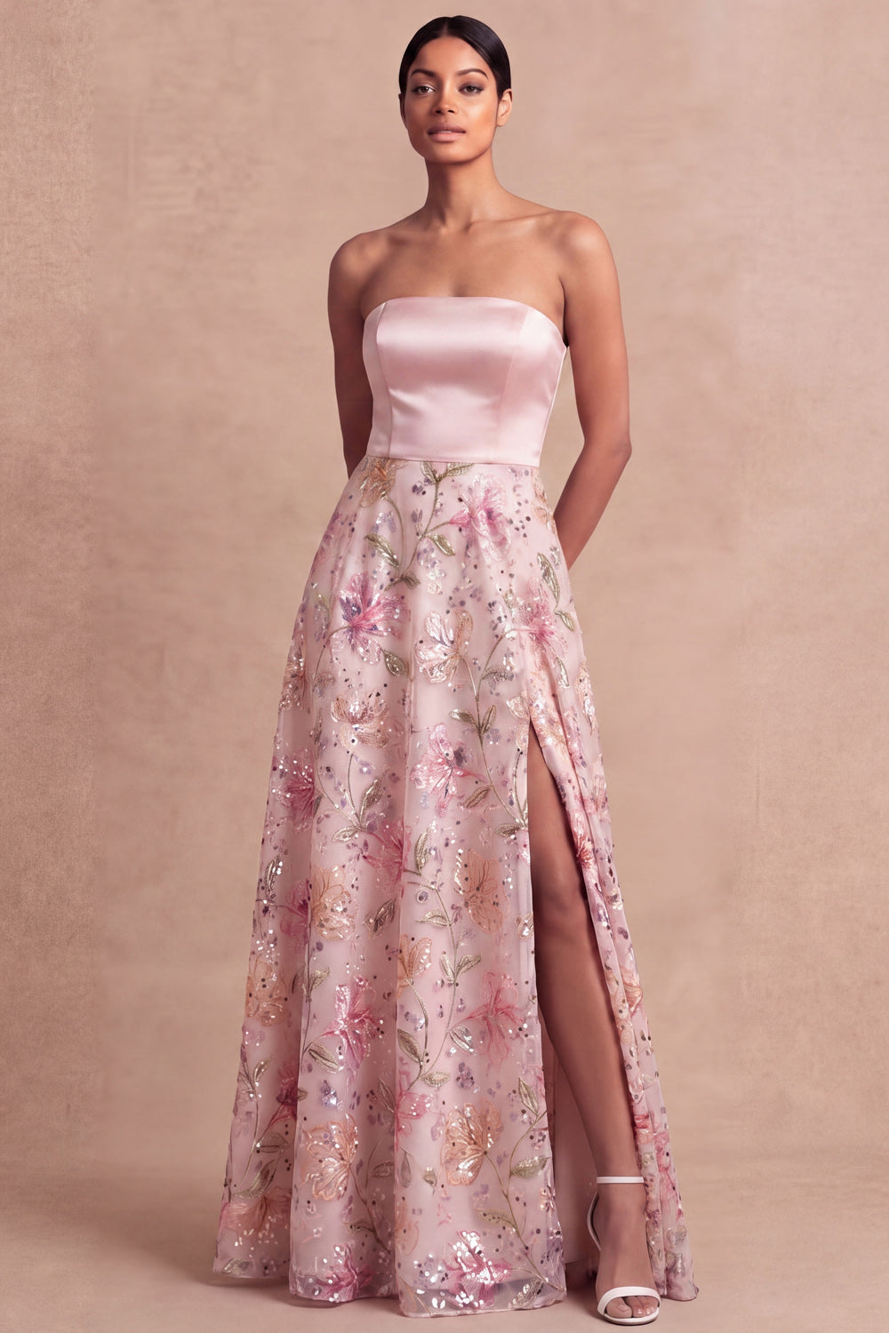 A Line Light Pink Strapless Long Wedding Guest Dress with Slit