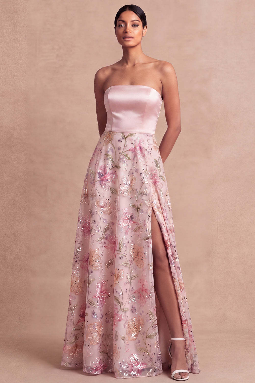 Leely Women A Line Light Pink Strapless Long Wedding Guest Dress with Slit Backless Sleeveless Garden Party Dress