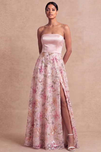 Leely Women A Line Light Pink Strapless Long Wedding Guest Dress with Slit Backless Sleeveless Garden Party Dress