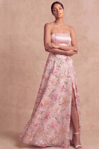 A Line Light Pink Strapless Long Wedding Guest Dress with Slit