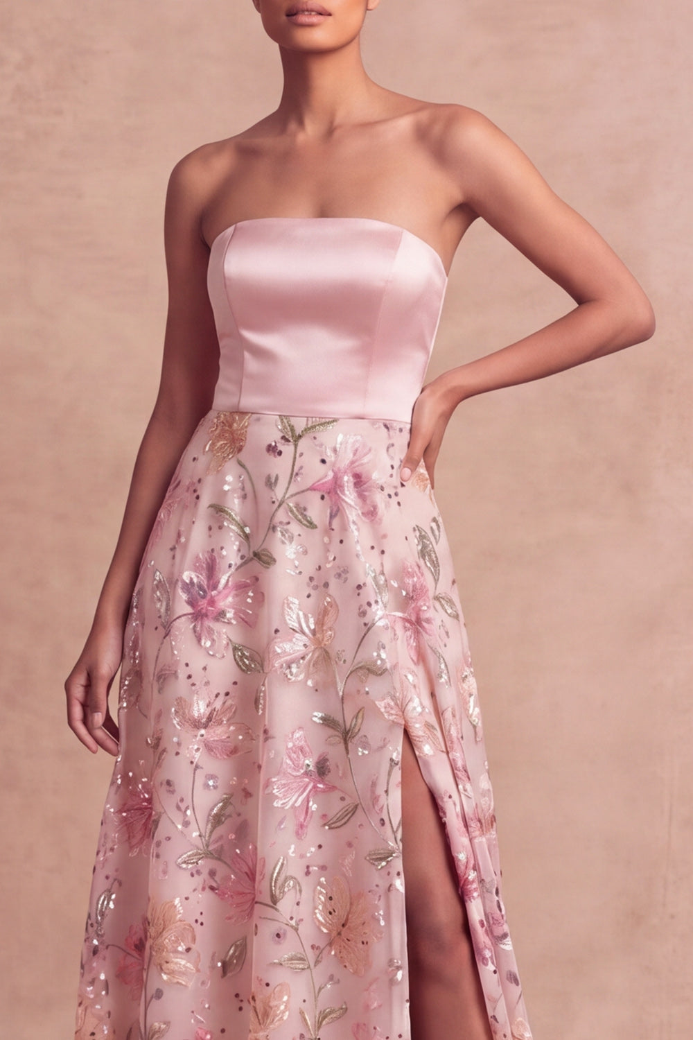 A Line Light Pink Strapless Long Wedding Guest Dress with Slit