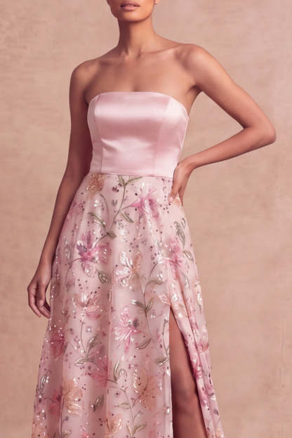 A Line Light Pink Strapless Long Wedding Guest Dress with Slit