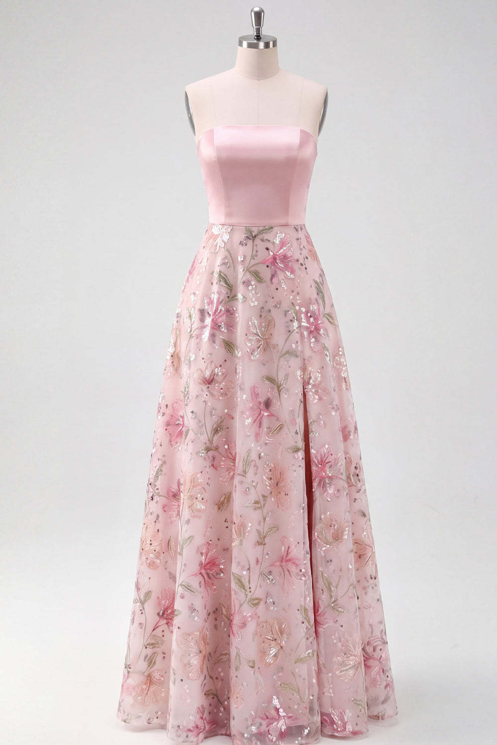 A Line Light Pink Strapless Long Wedding Guest Dress with Slit