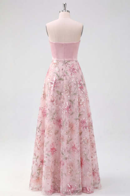 A Line Light Pink Strapless Long Wedding Guest Dress with Slit