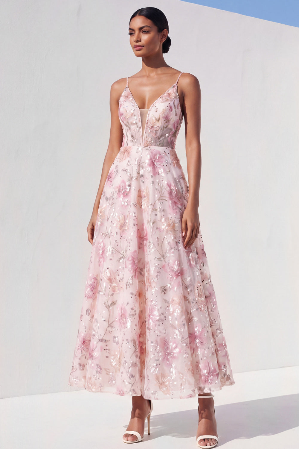 Stunning Light Pink Sequined Maxi A Line Floral Wedding Guest Dress