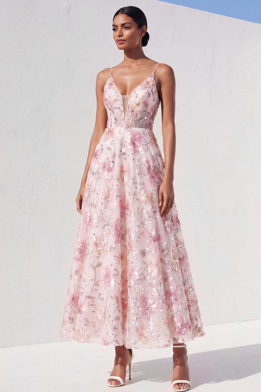 Leely Women Stunning Light Pink A Line Maxi Wedding Guest Dress Sequined Floral Ruched Spaghetti Straps Evening Dress