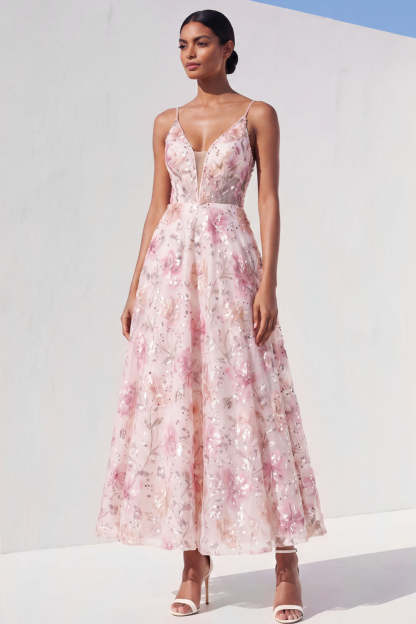 Leely Women Stunning Light Pink A Line Maxi Wedding Guest Dress Sequined Floral Ruched Spaghetti Straps Evening Dress