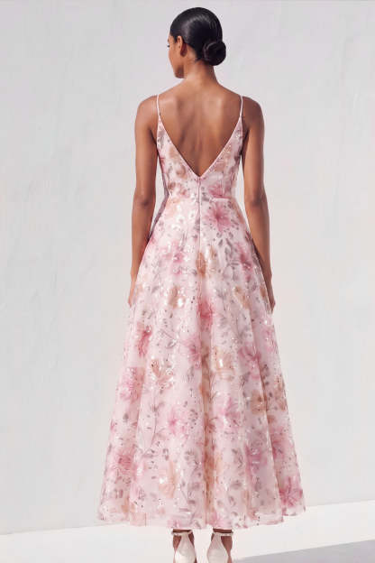 Stunning Light Pink Sequined Maxi A Line Floral Wedding Guest Dress
