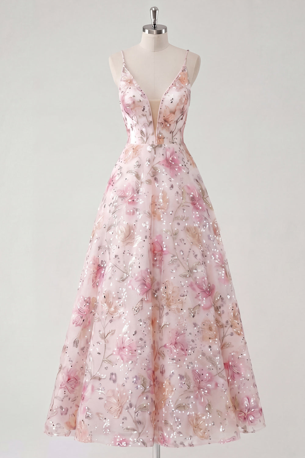 Stunning Light Pink Sequined Maxi A Line Floral Wedding Guest Dress