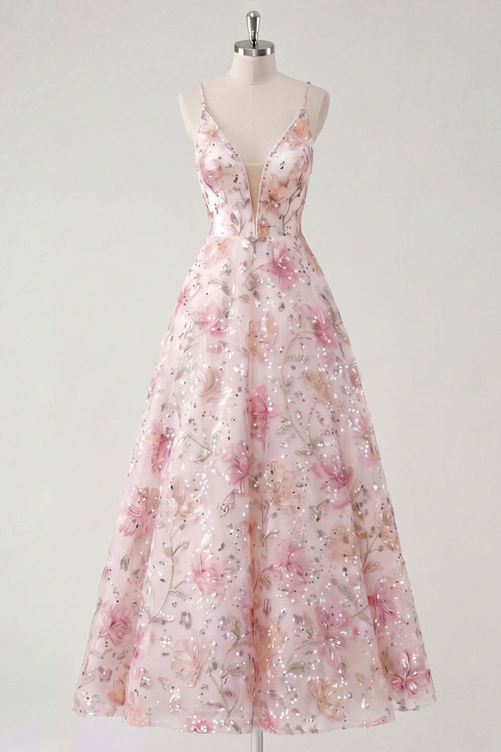 Stunning Light Pink Sequined Maxi A Line Floral Wedding Guest Dress