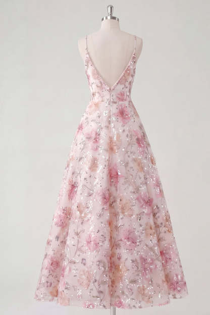 Stunning Light Pink Sequined Maxi A Line Floral Wedding Guest Dress