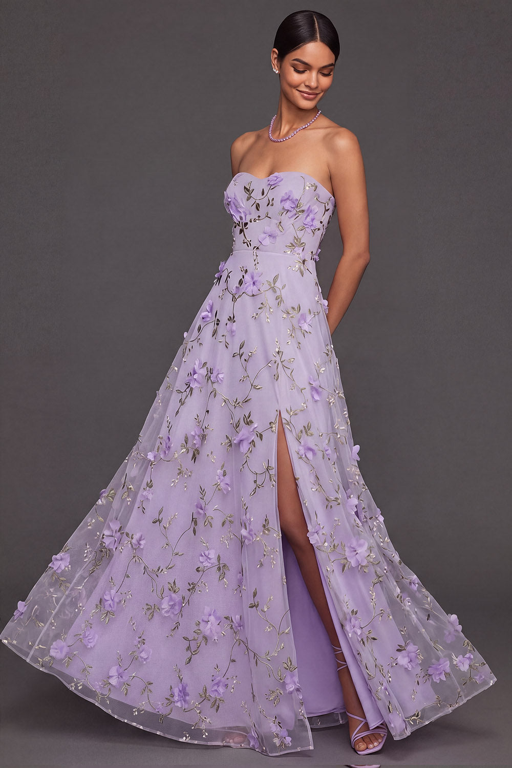 Leely Women Floral Lilac Appliqued Maxi Wedding Guest Dress with Slit Sweetheart Embroidered A Line Garden Party Dress