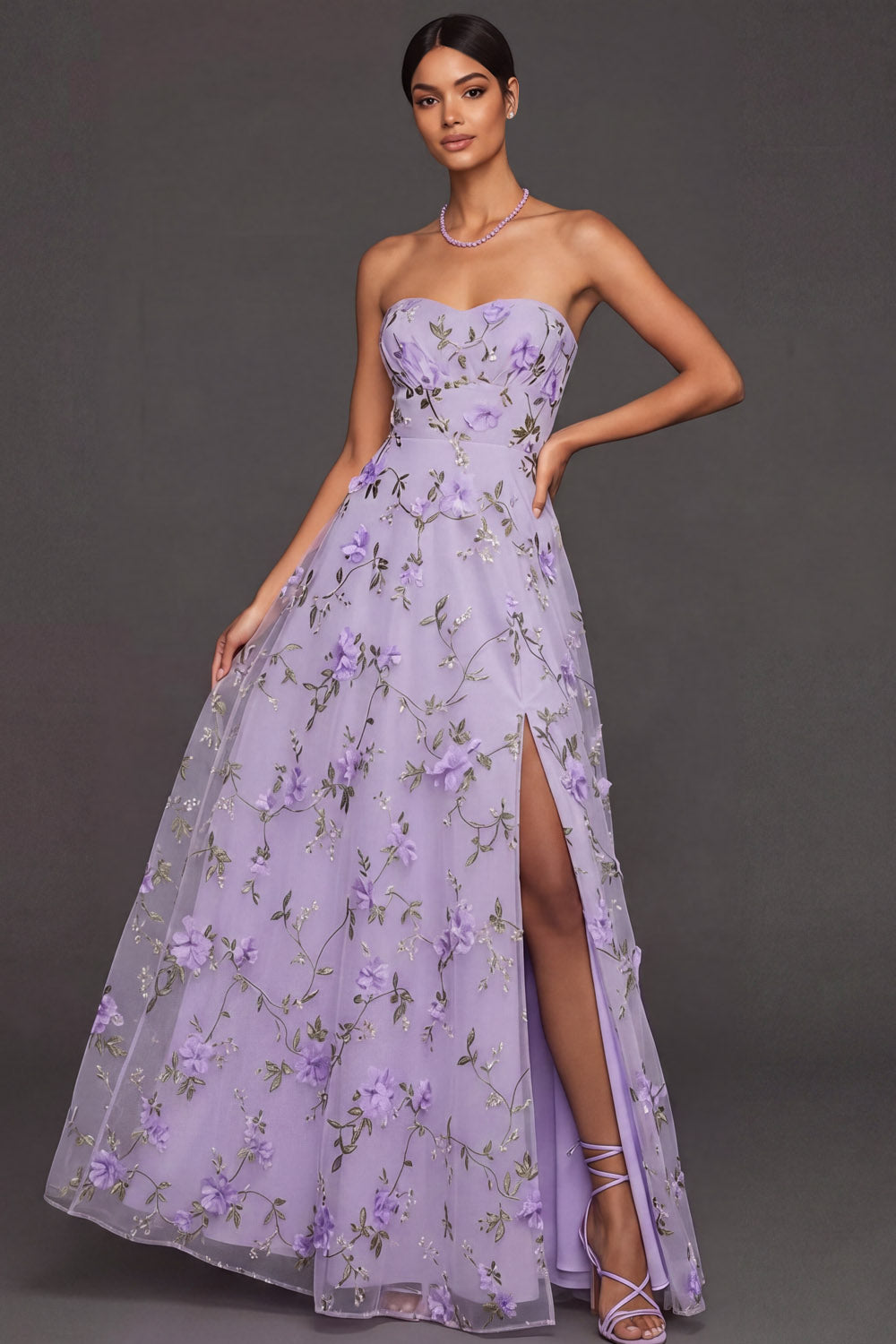 Maxi A Line Floral Lilac Appliqued Sweetheart Wedding Guest Dress with Slit