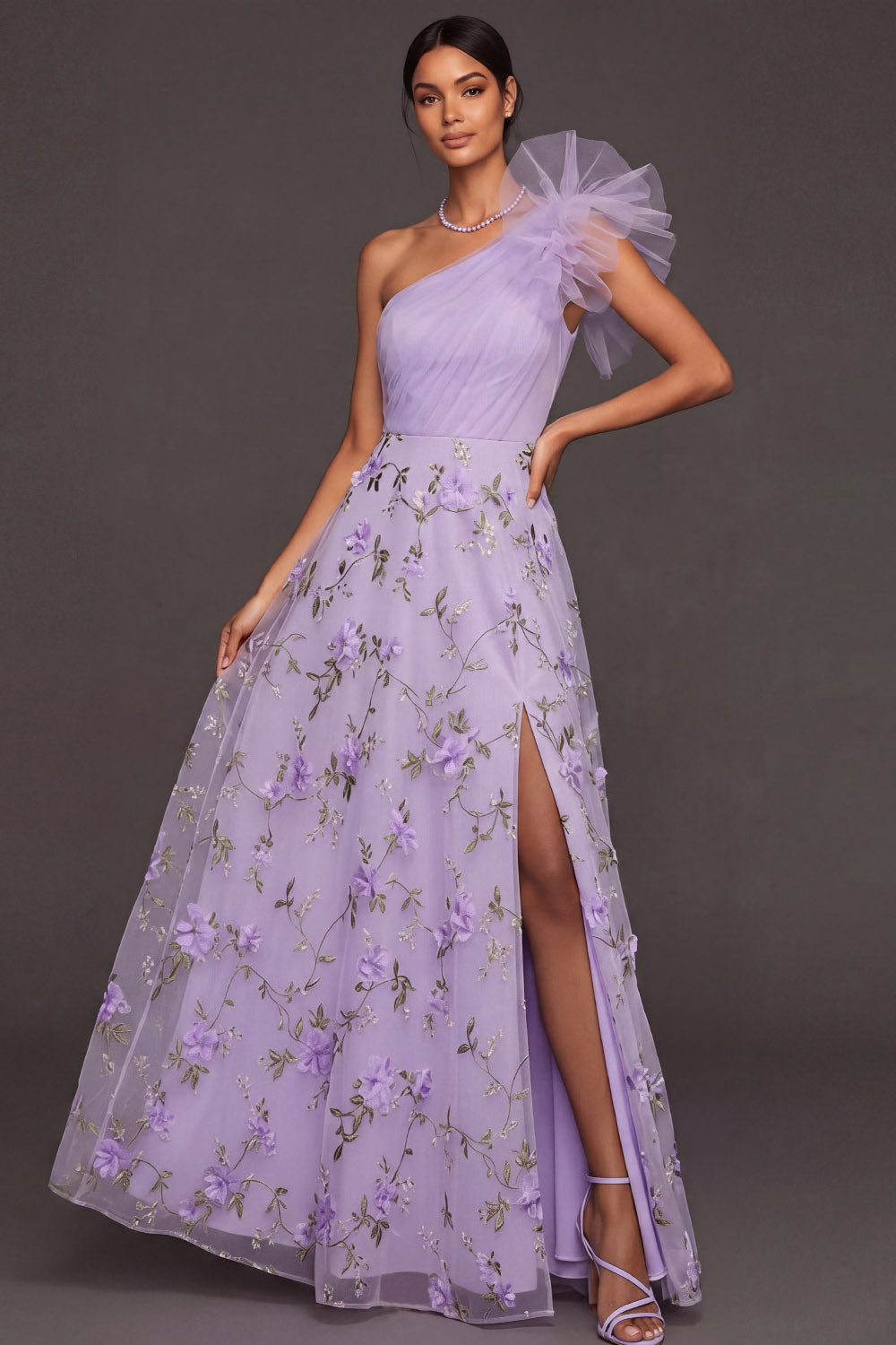 Leely Women Floral Lilac Appliqued Maxi Wedding Guest Dress with Slit One Shoulder Embroidered A Line Garden Party Dress with Ruffles