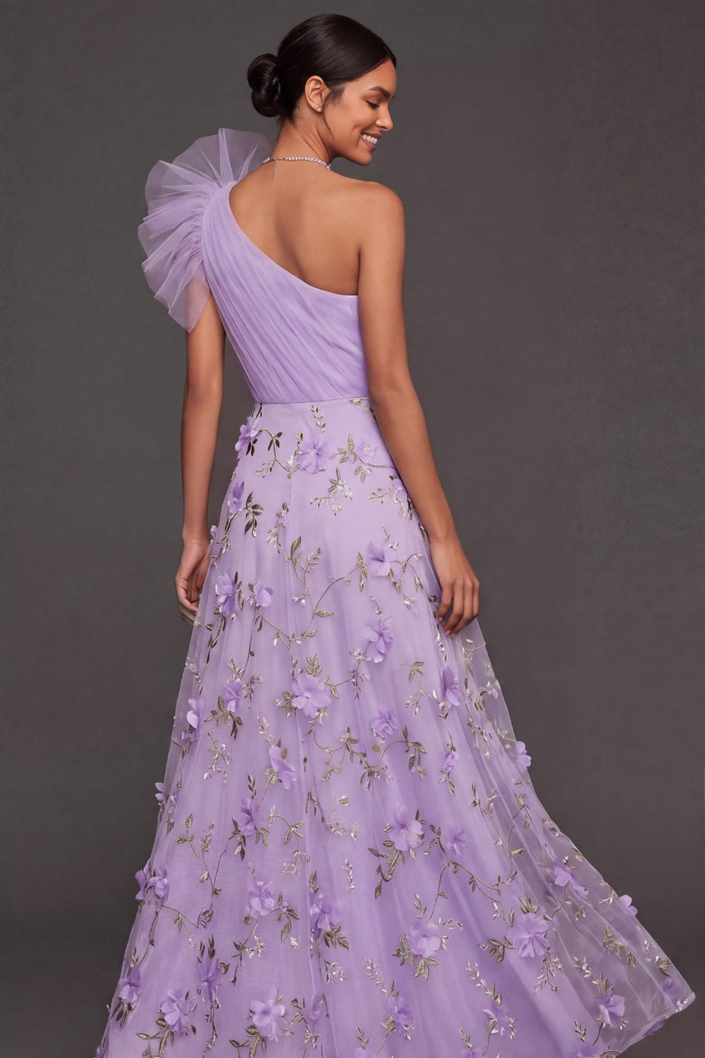 Maxi A Line Floral Lilac Appliqued One Shoulder Wedding Guest Dress with Slit