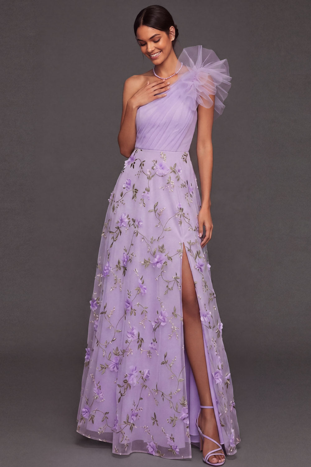Maxi A Line Floral Lilac Appliqued One Shoulder Wedding Guest Dress with Slit