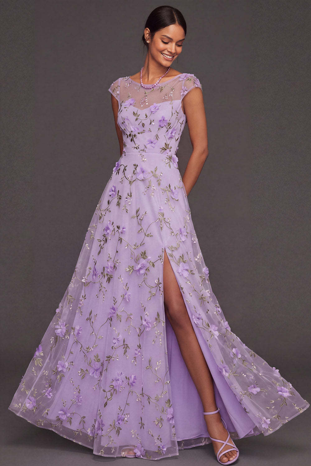 Leely Women Lilac Floral A Line Maxi Wedding Guest Dress with Slit Appliqued Boat Neck Cap Sleeves Garden Party Dress