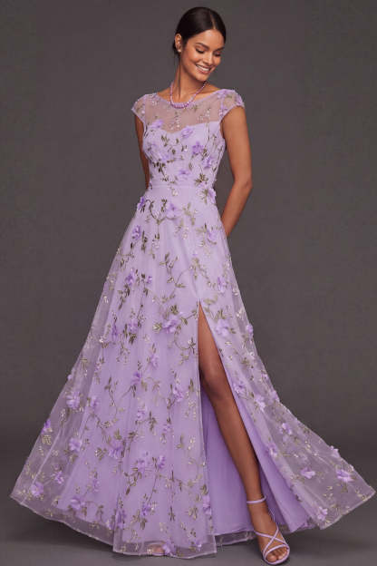 Leely Women Lilac Floral A Line Maxi Wedding Guest Dress with Slit Appliqued Boat Neck Cap Sleeves Garden Party Dress