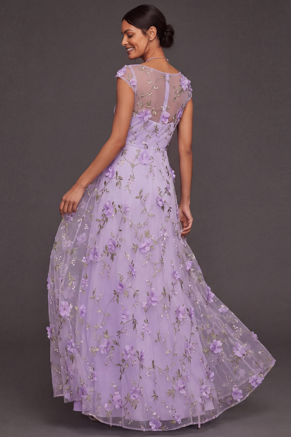 Lilac Maxi Appliqued A Line Floral Cap Sleeves Wedding Guest Dress with Slit
