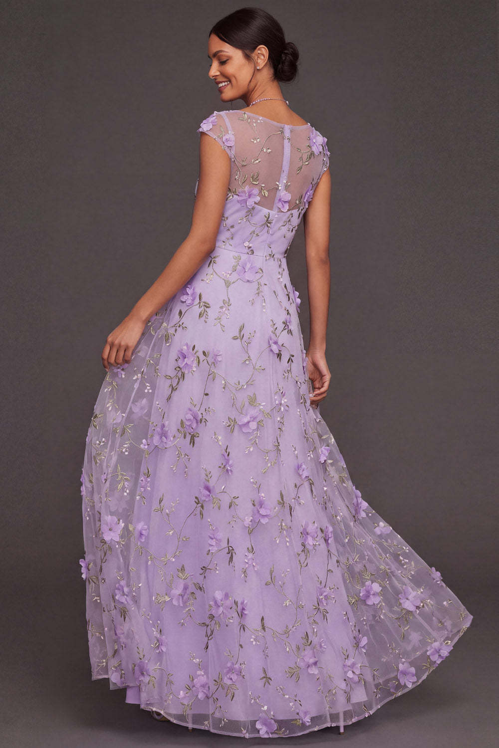 Lilac Maxi Appliqued A Line Floral Cap Sleeves Wedding Guest Dress with Slit
