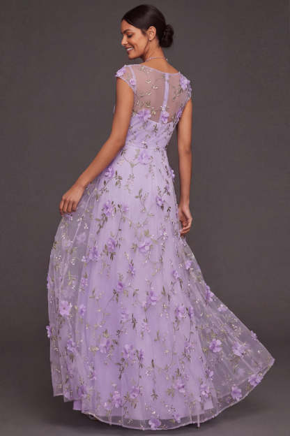Lilac Maxi Appliqued A Line Floral Cap Sleeves Wedding Guest Dress with Slit