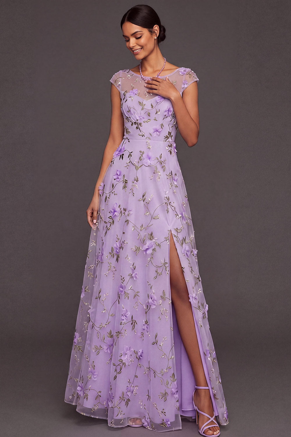 Lilac Maxi Appliqued A Line Floral Cap Sleeves Wedding Guest Dress with Slit