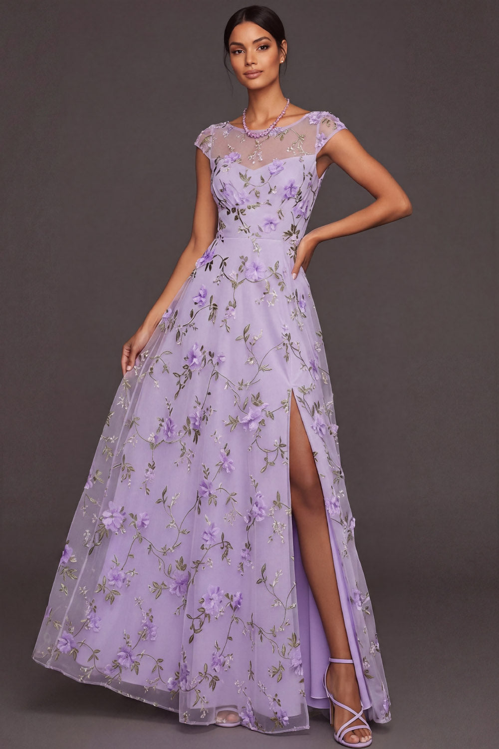 Lilac Maxi Appliqued A Line Floral Cap Sleeves Wedding Guest Dress with Slit