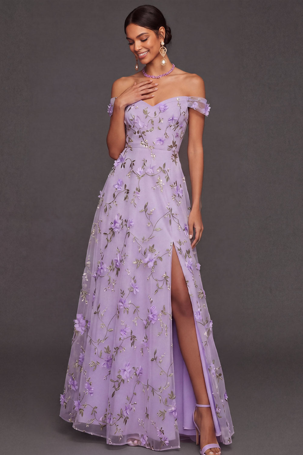 Leely Women Lilac Floral A Line Appliqued Long Wedding Guest Dress Off the Shoulder Backless Garden Party Dress