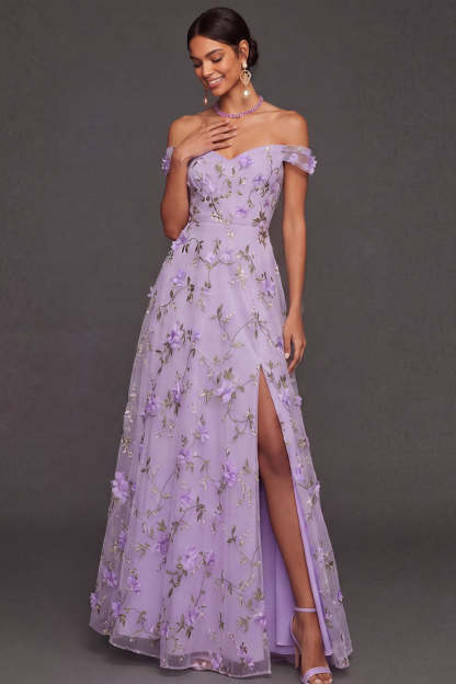Leely Women Lilac Floral A Line Appliqued Long Wedding Guest Dress Off the Shoulder Backless Garden Party Dress