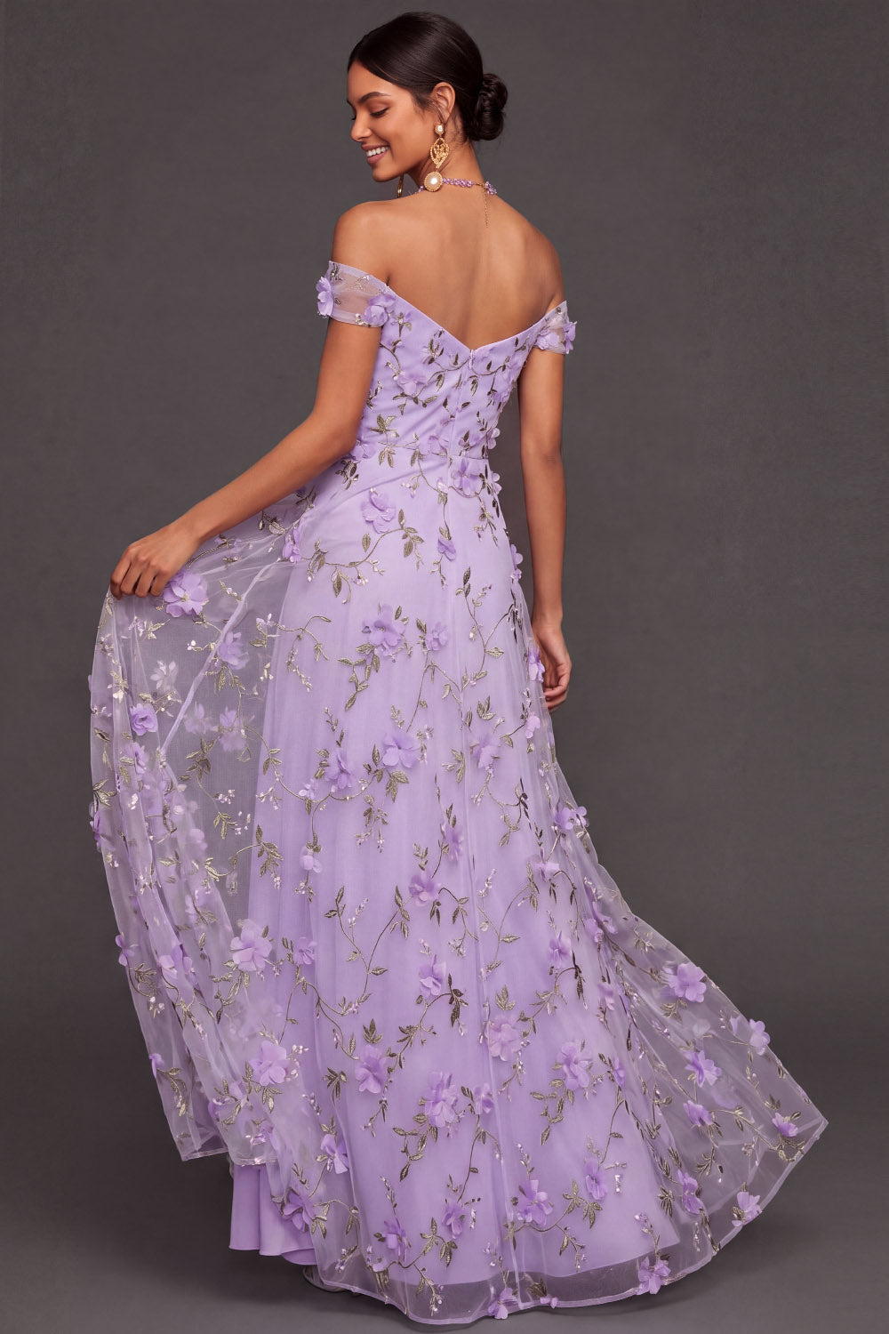 Lilac Floral A Line Appliqued Long Wedding Guest Dress