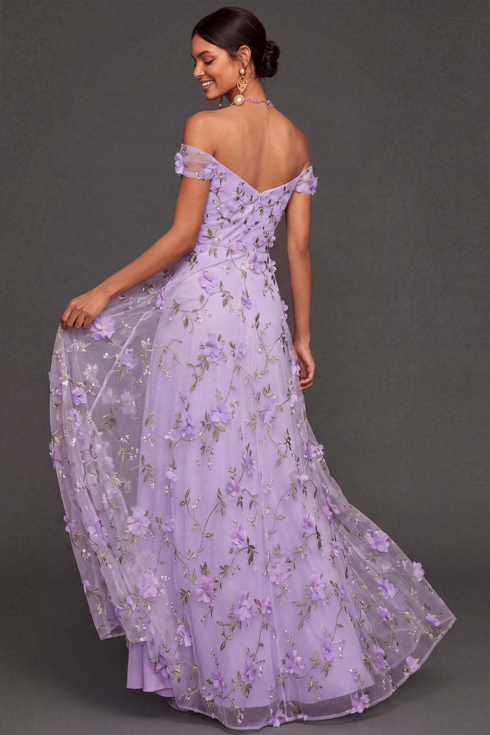 Lilac Floral A Line Appliqued Long Wedding Guest Dress