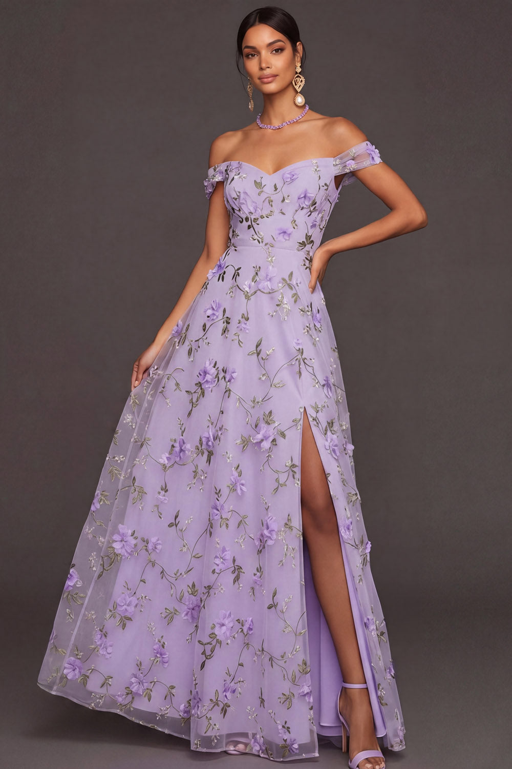 Lilac Floral A Line Appliqued Long Wedding Guest Dress