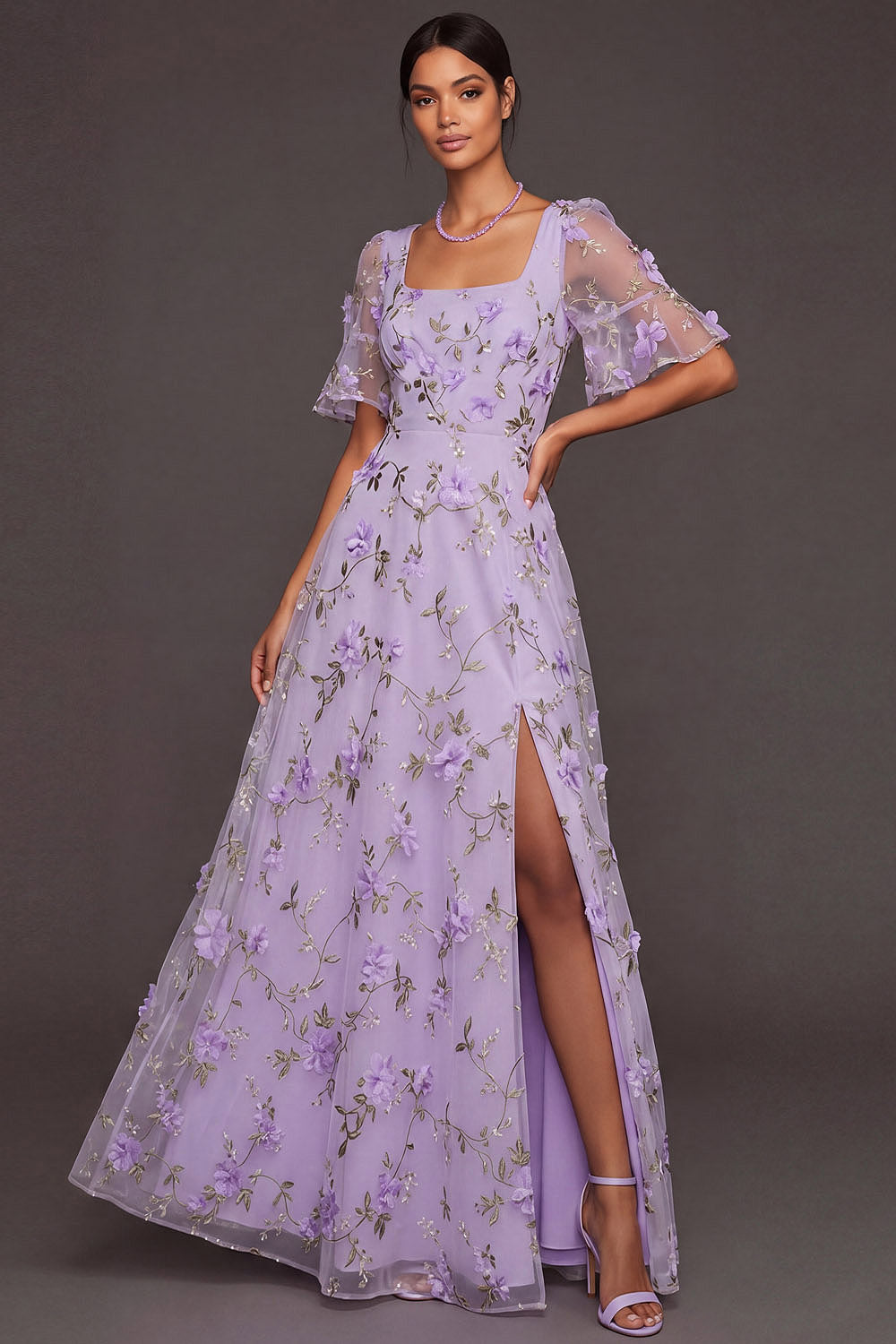 Leely Women Lilac Floral A Line Appliqued Long Wedding Guest Dress with Slit Square Neck Flutter Sleeves Garden Party Dress