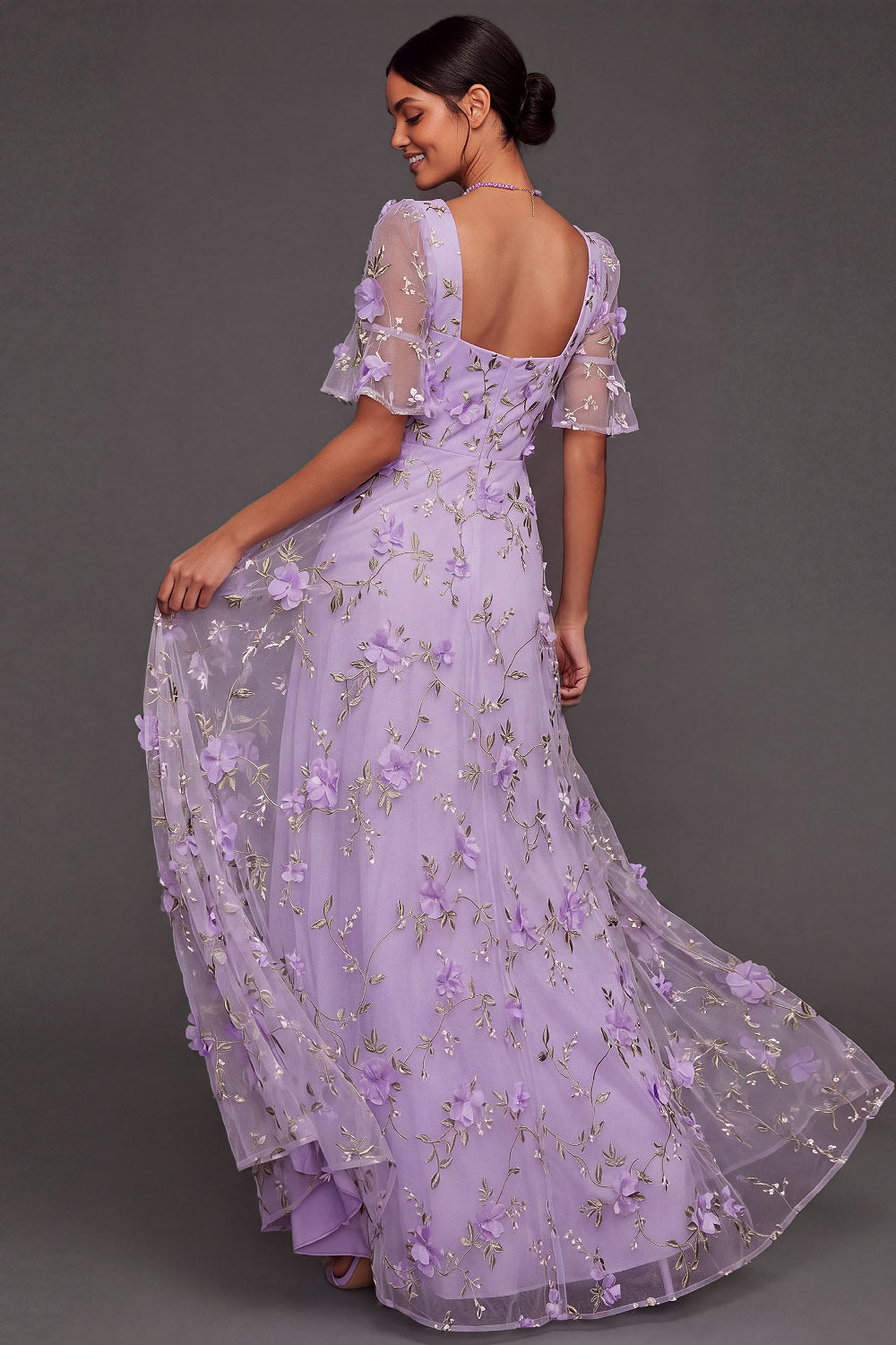 Lilac Floral A Line Appliqued Long Wedding Guest Dress with Slit