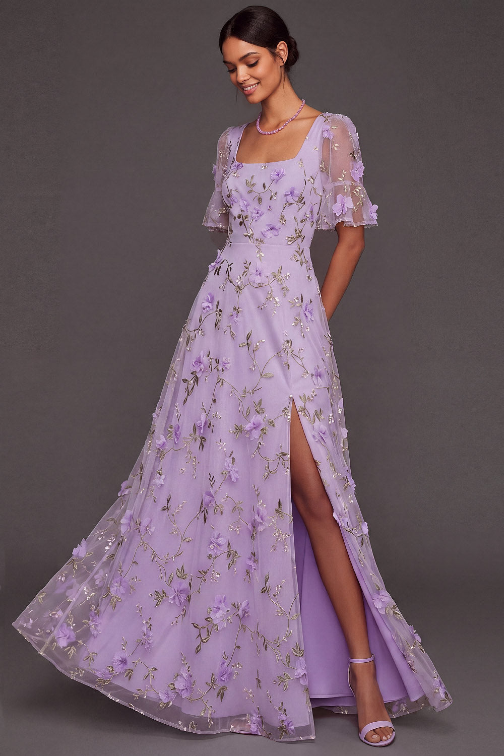 Lilac Floral A Line Appliqued Long Wedding Guest Dress with Slit