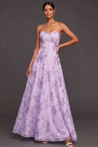 Lilac Sweetheart A Line Embroidered Maxi Wedding Guest Dress