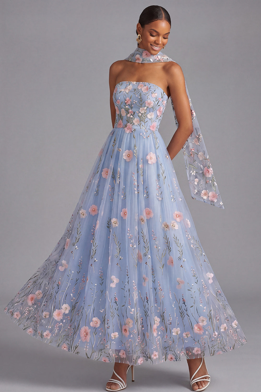 Leely Women Light Blue Floral A Line Maxi Wedding Guest Dress Appliqued Strapless Neck Scarf Garden Party Dress