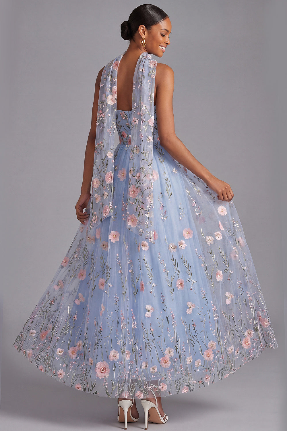 Light Blue Maxi Appliqued A Line Floral Neck Scarf Wedding Guest Dress