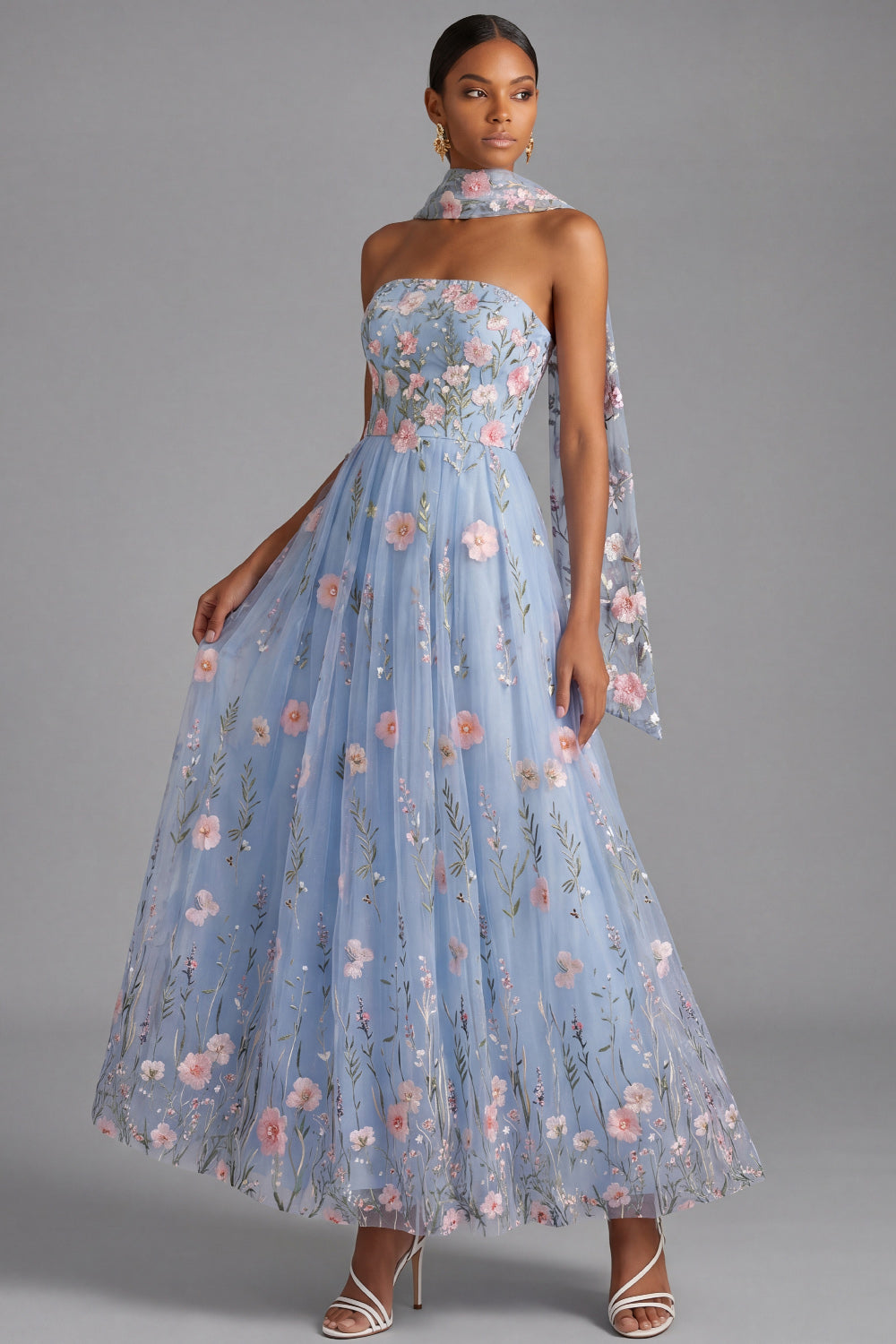 Light Blue Maxi Appliqued A Line Floral Neck Scarf Wedding Guest Dress