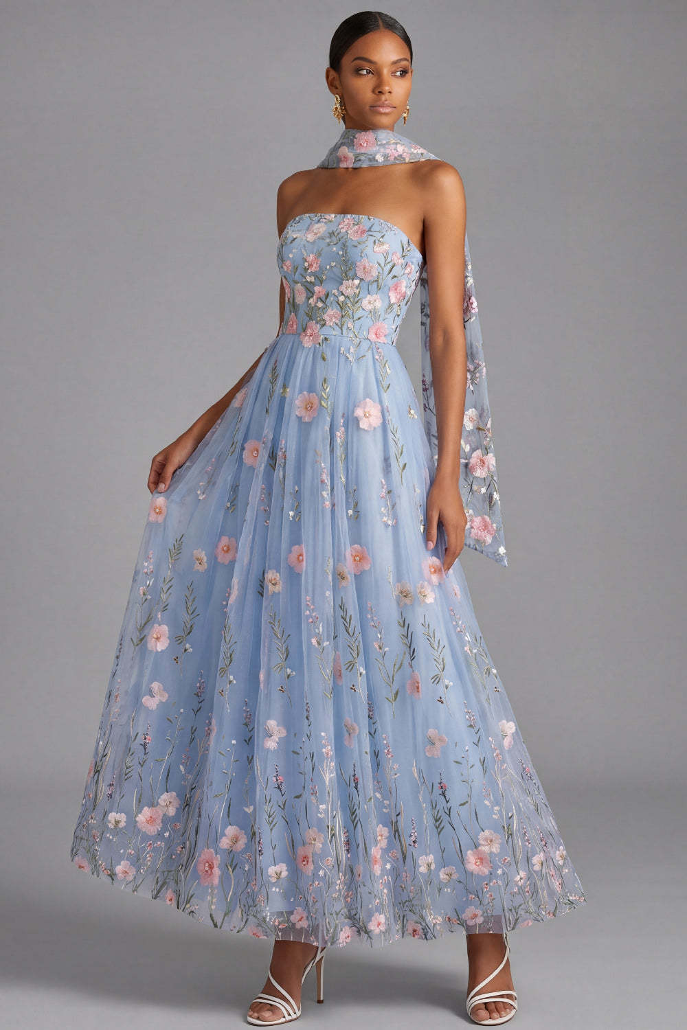 Light Blue Maxi Appliqued A Line Floral Neck Scarf Wedding Guest Dress
