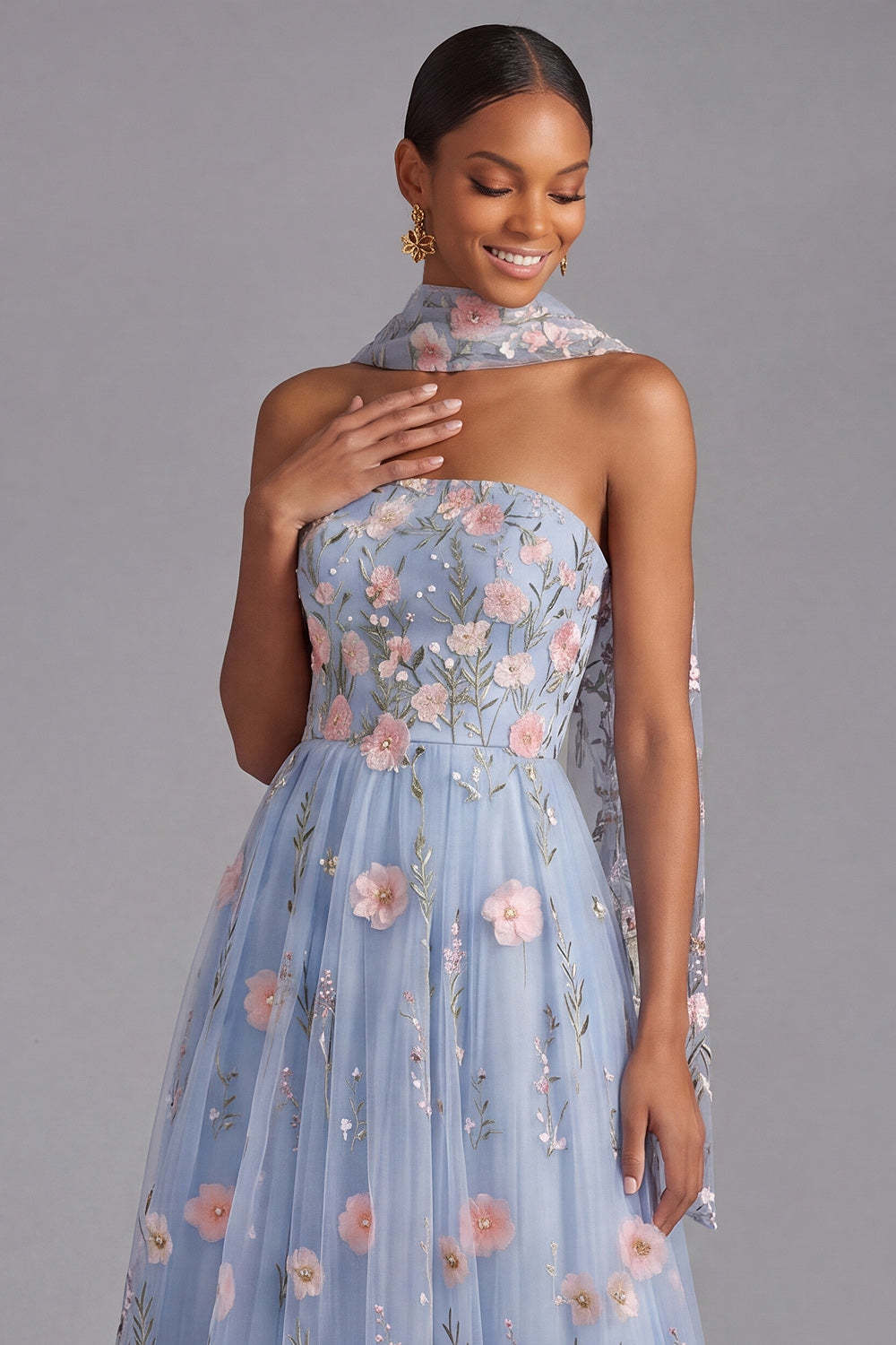 Light Blue Maxi Appliqued A Line Floral Neck Scarf Wedding Guest Dress