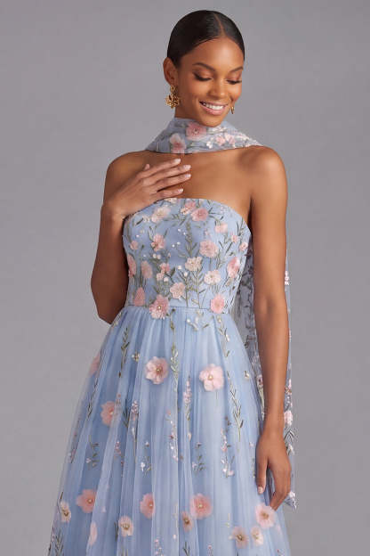 Light Blue Maxi Appliqued A Line Floral Neck Scarf Wedding Guest Dress