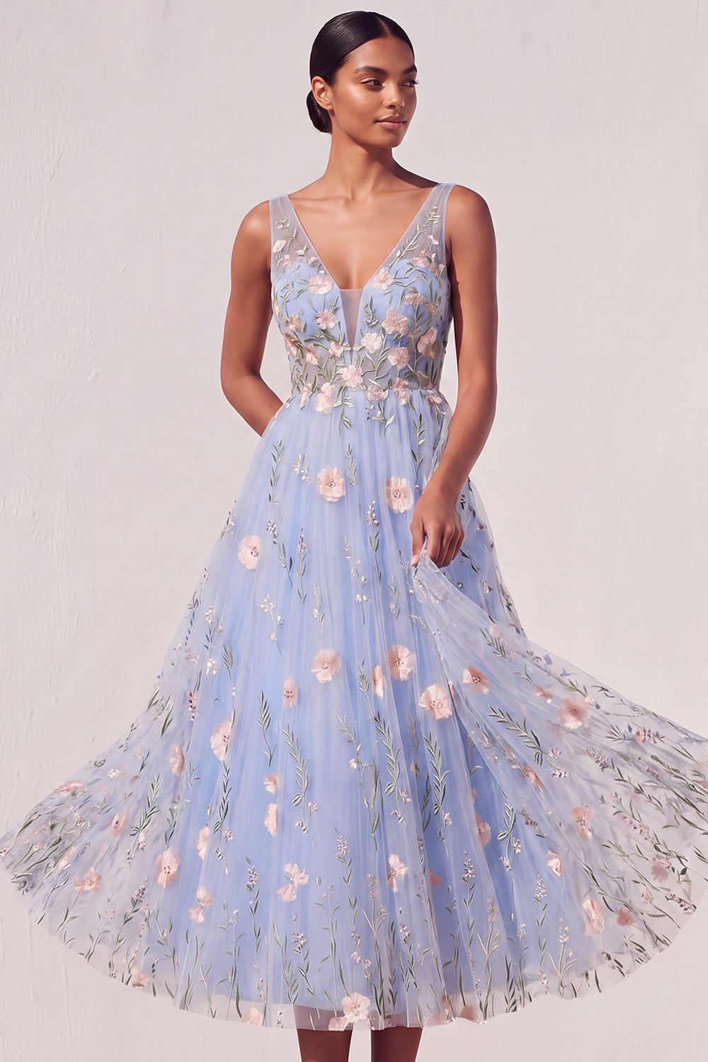 Light Blue Floral A Line Appliqued Midi Wedding Guest Dress