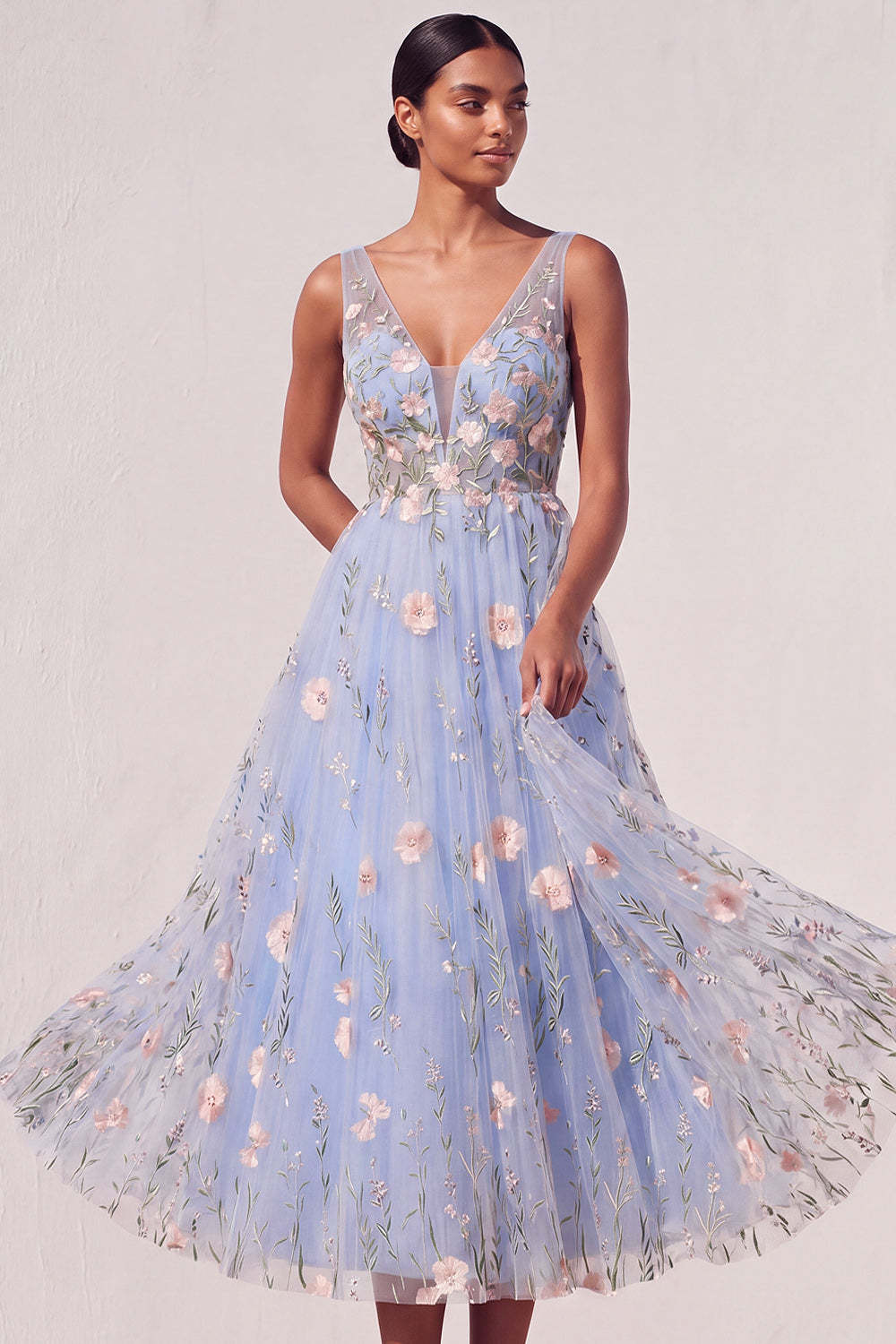 Leely Women Light Blue Floral A Line Appliqued Midi Wedding Guest Dress V Neck Backless Sleeveless Garden Party Dress