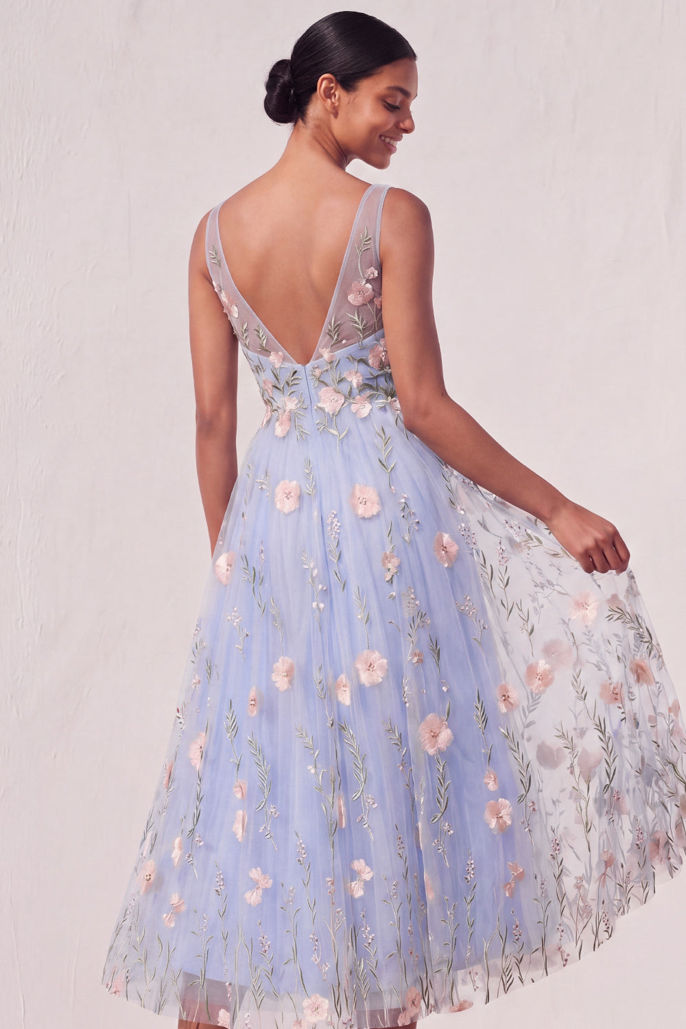 Light Blue Floral A Line Appliqued Midi Wedding Guest Dress