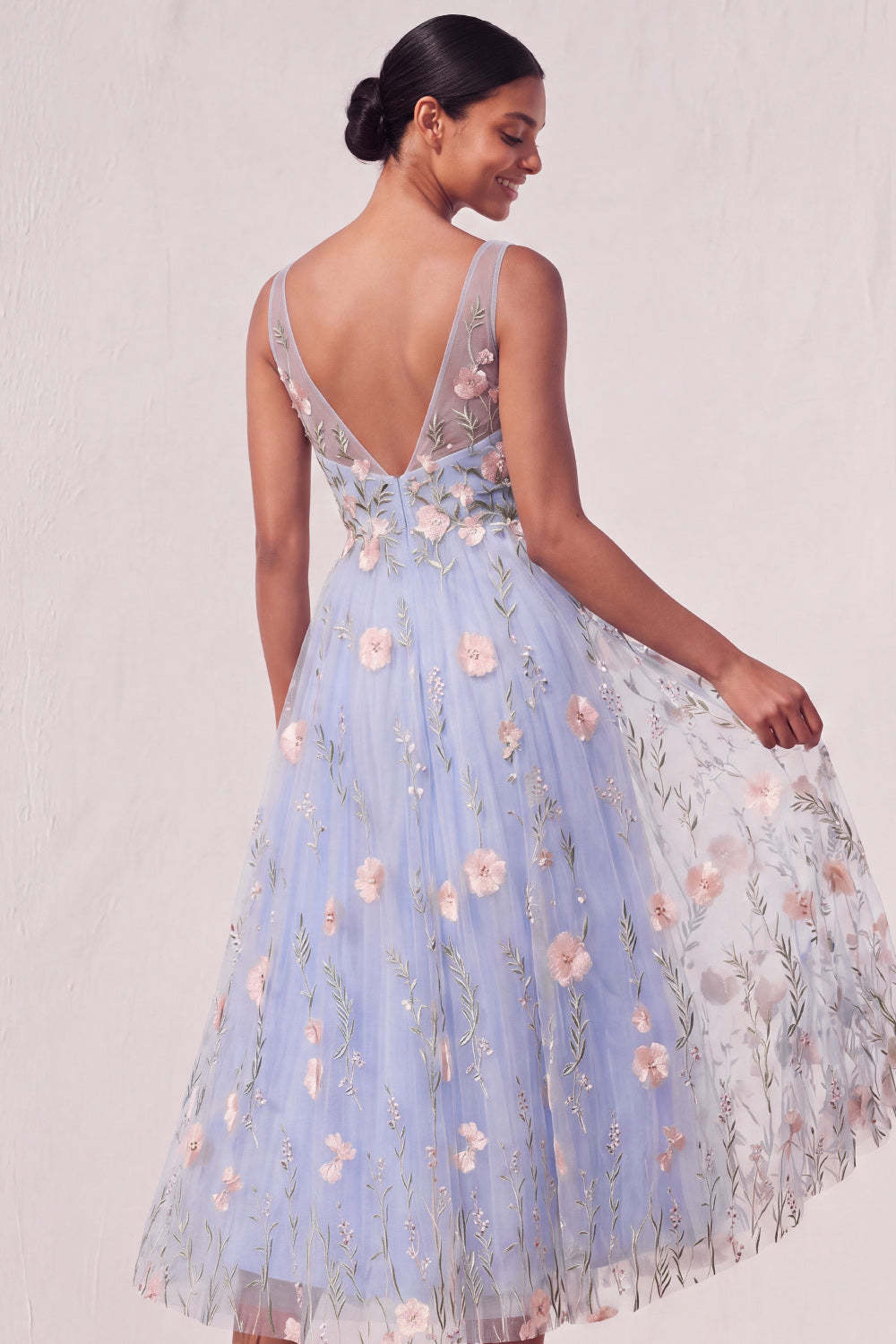 Light Blue Floral A Line Appliqued Midi Wedding Guest Dress